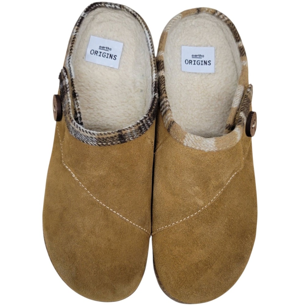 Earth Origins‎ Suede Clog Slippers Mules Tan Brown Plaid Trim NO SIZE TAG
 H325
